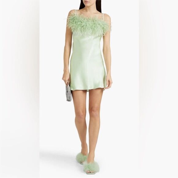 Sleeper Mint Feather-Trimmed Slip Dress NWT Large $320 - Picture 1 of 7